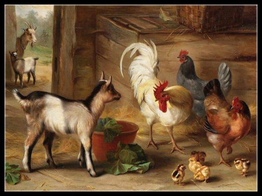 Goats, Chickens and Chicks in a Barn - Counted Cross Stitch Patterns Embroidery Crafts Needlework DIY Chart DMC Color