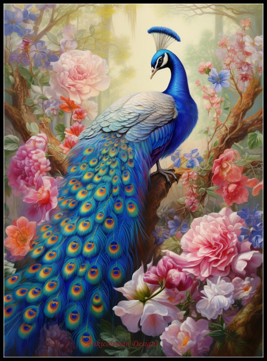 Peacock and Flowers in Jungle 1 - Counted Cross Stitch Patterns Embroidery Crafts Needlework DIY Chart DMC Color