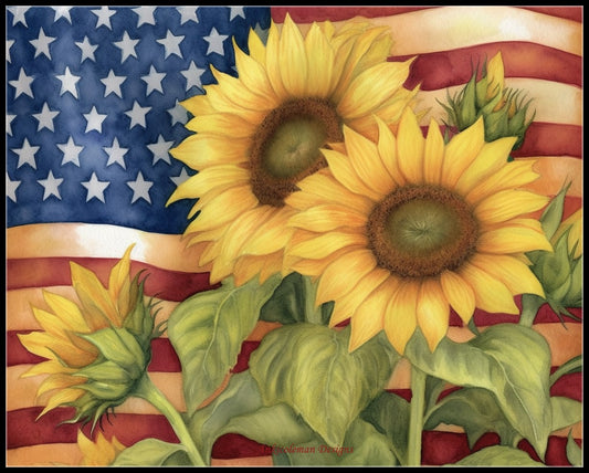 Sunflower and Flag 1 - Counted Cross Stitch Patterns Embroidery Crafts Needlework DIY Chart DMC Color