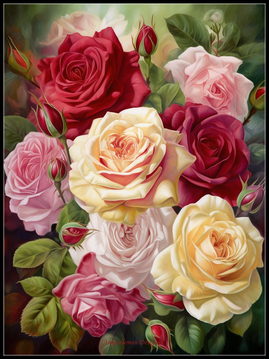 Multicolor Roses - Counted Cross Stitch Patterns Embroidery Crafts Needlework DIY Chart DMC Color