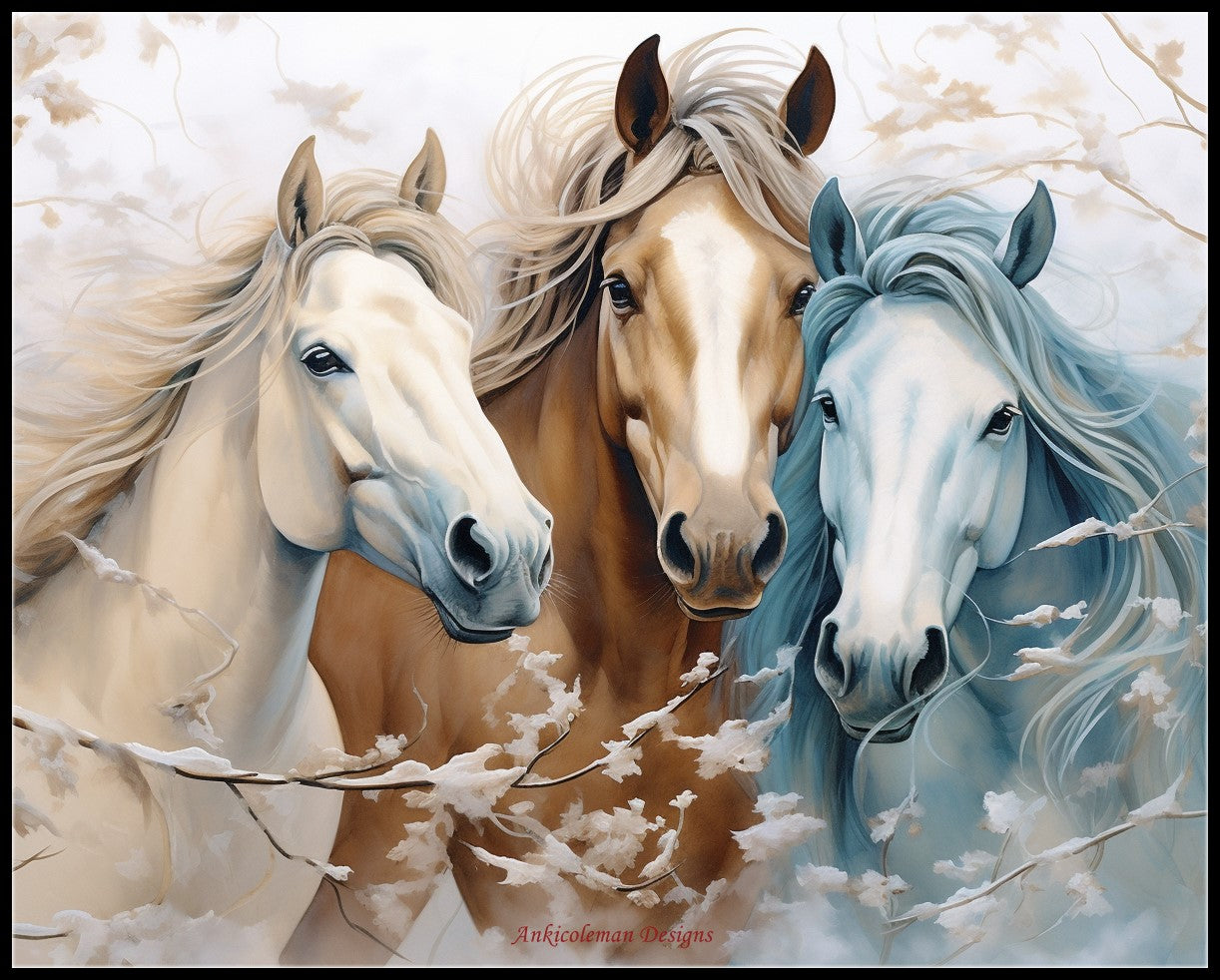 Horses in Winter Breeze - Counted Cross Stitch Patterns Embroidery Crafts Needlework DIY Chart DMC Color