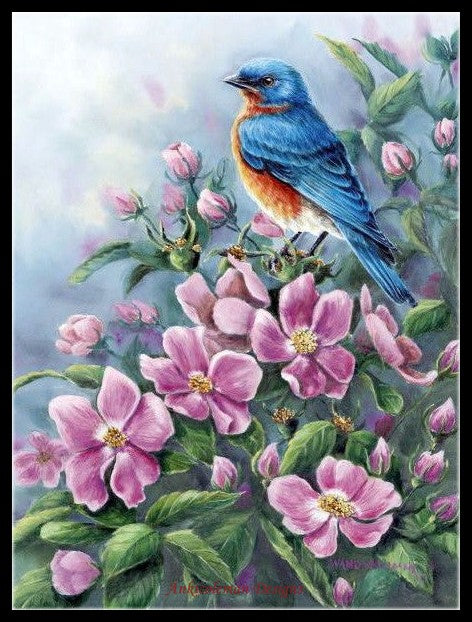 Blue Bird and Wild Roses - Counted Cross Stitch Patterns Embroidery Crafts Needlework DIY Chart DMC Color