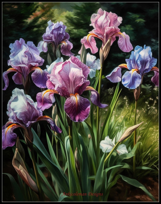 Iris in Garden - Counted Cross Stitch Patterns Embroidery Crafts Needlework DIY Chart DMC Color