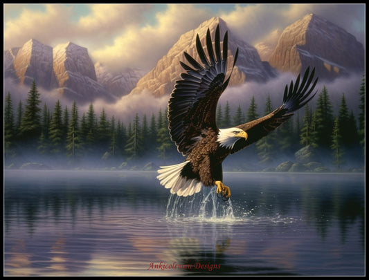 Eagle Skimming Water 2 - Counted Cross Stitch Patterns Embroidery Crafts Needlework DIY Chart DMC Color