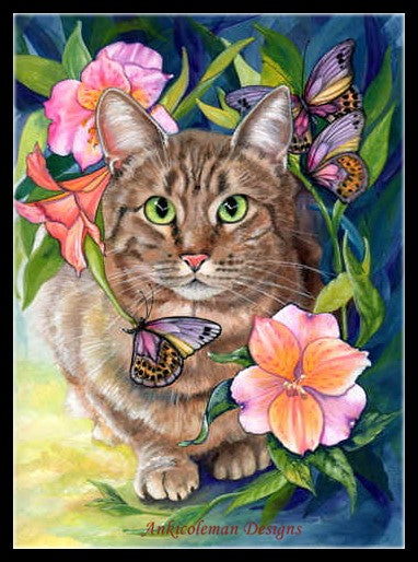 Cat and Butterflies - Counted Cross Stitch Patterns Embroidery Crafts Needlework DIY Chart DMC Color