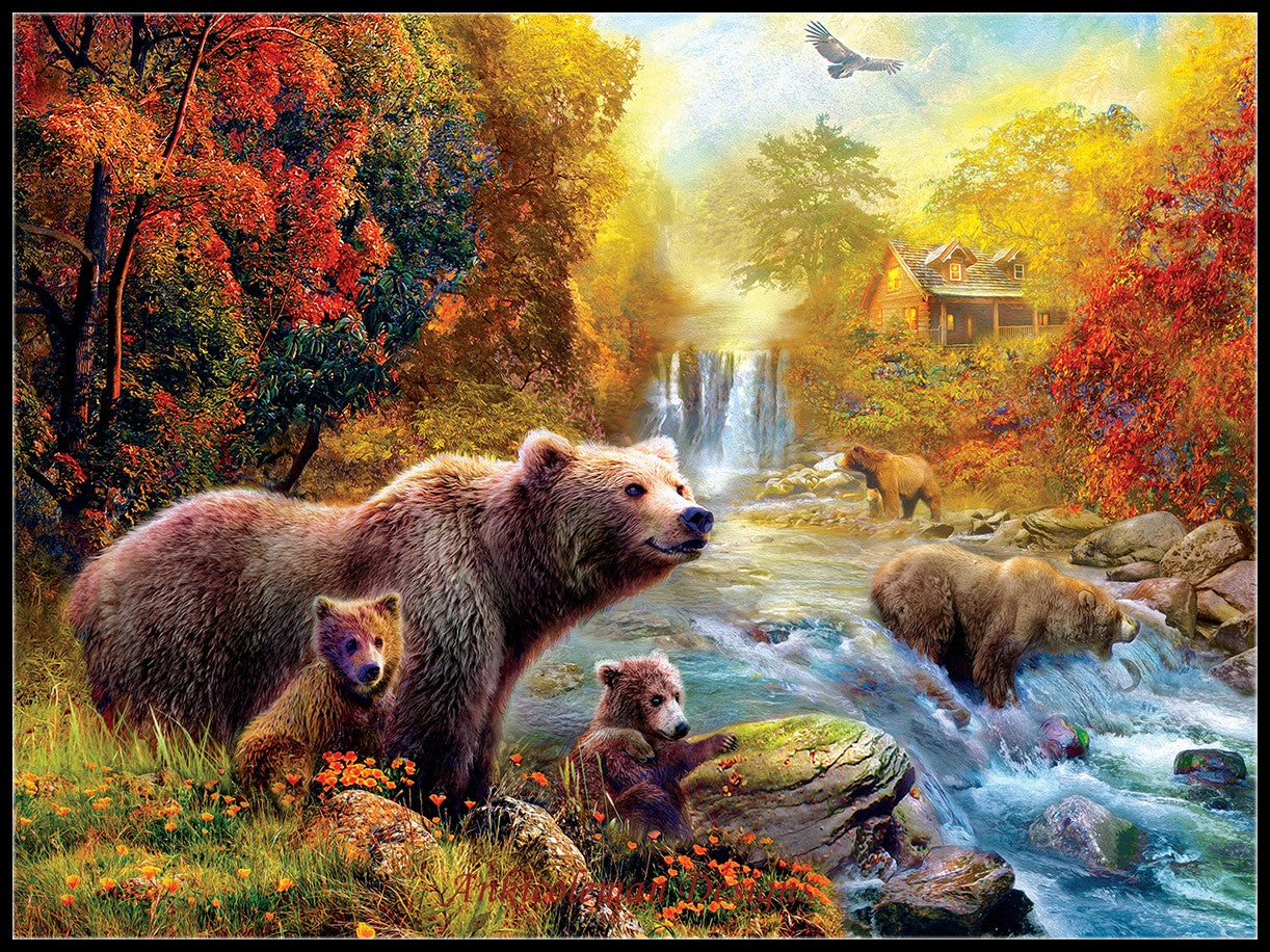 Bears at the Stream - Counted Cross Stitch Patterns Embroidery Crafts Needlework DIY Chart DMC Color