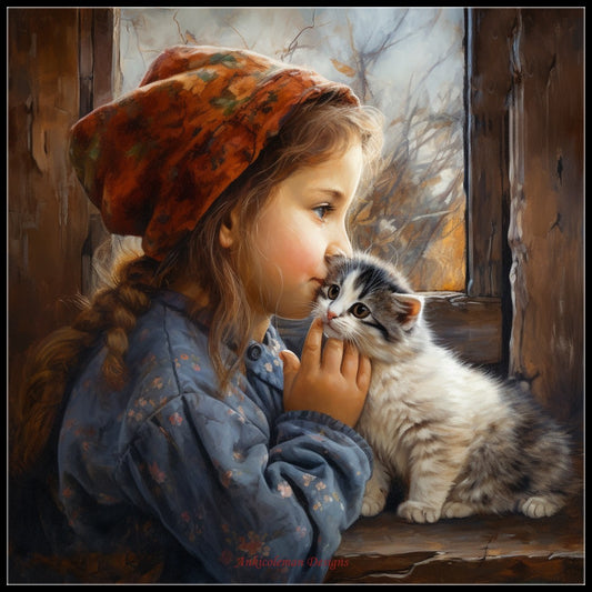 Little Girl Kissing a Kitten - Counted Cross Stitch Patterns Embroidery Crafts Needlework DIY Chart DMC Color