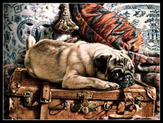 Pug on Suitcase - Counted Cross Stitch Patterns Embroidery Crafts Needlework DIY Chart DMC Color