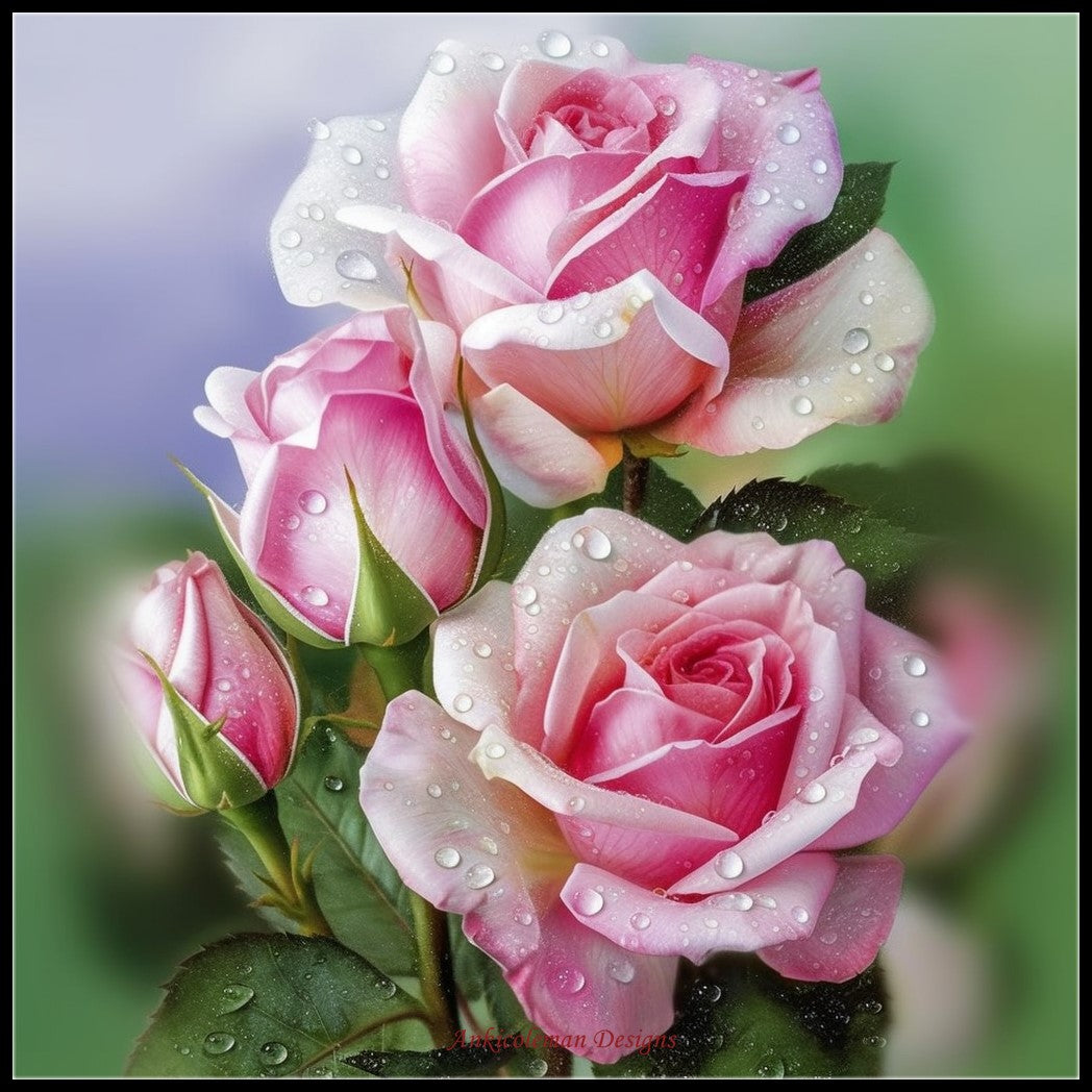 Dew Pink Roses - Counted Cross Stitch Patterns Embroidery Crafts Needlework DIY Chart DMC Color