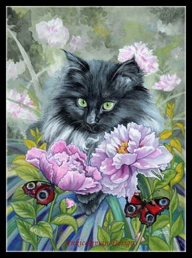 Cat and Butterflies 2 - Counted Cross Stitch Patterns Embroidery Crafts Needlework DIY Chart DMC Color