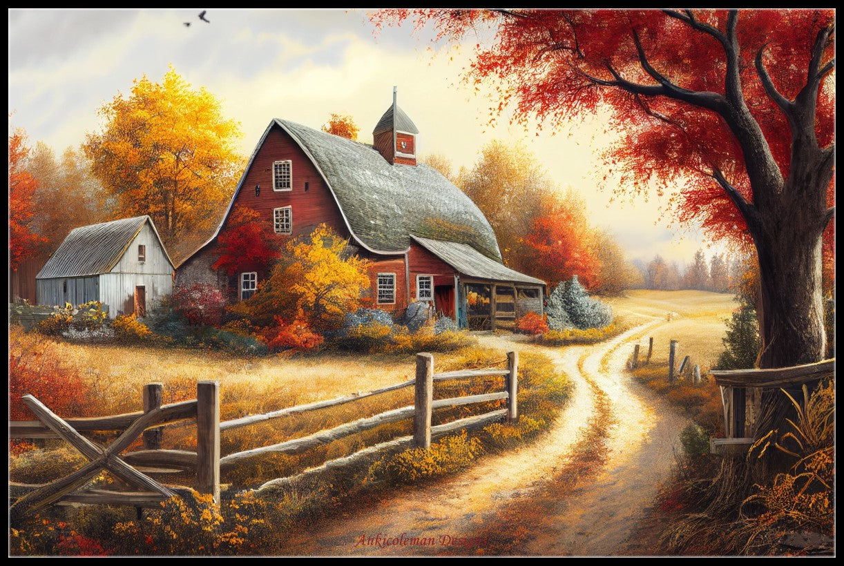 Fall at the Red barn - Counted Cross Stitch Patterns Embroidery Crafts Needlework DIY Chart DMC Color