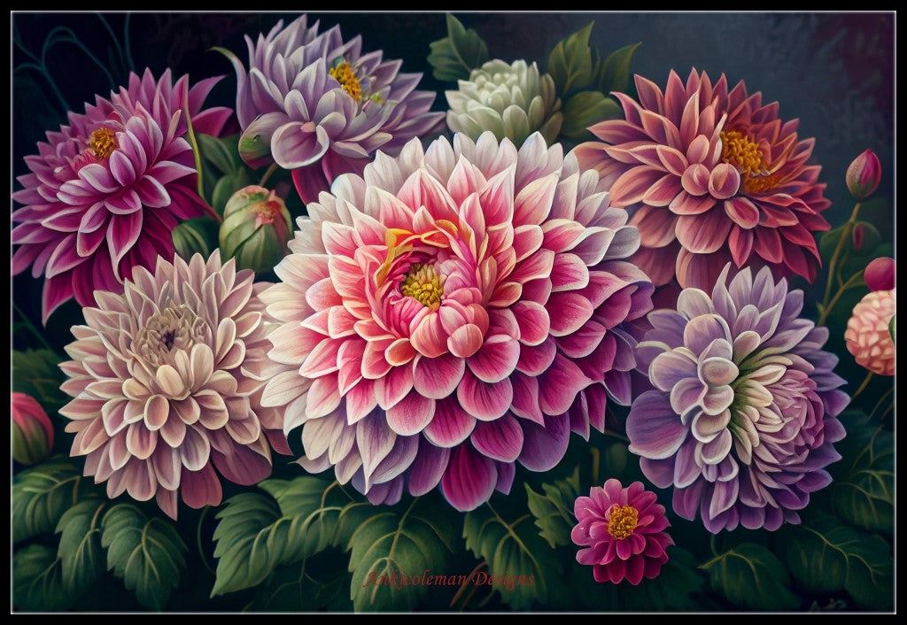 Dahlias Floral - Counted Cross Stitch Patterns Embroidery Crafts Needlework DIY Chart DMC Color