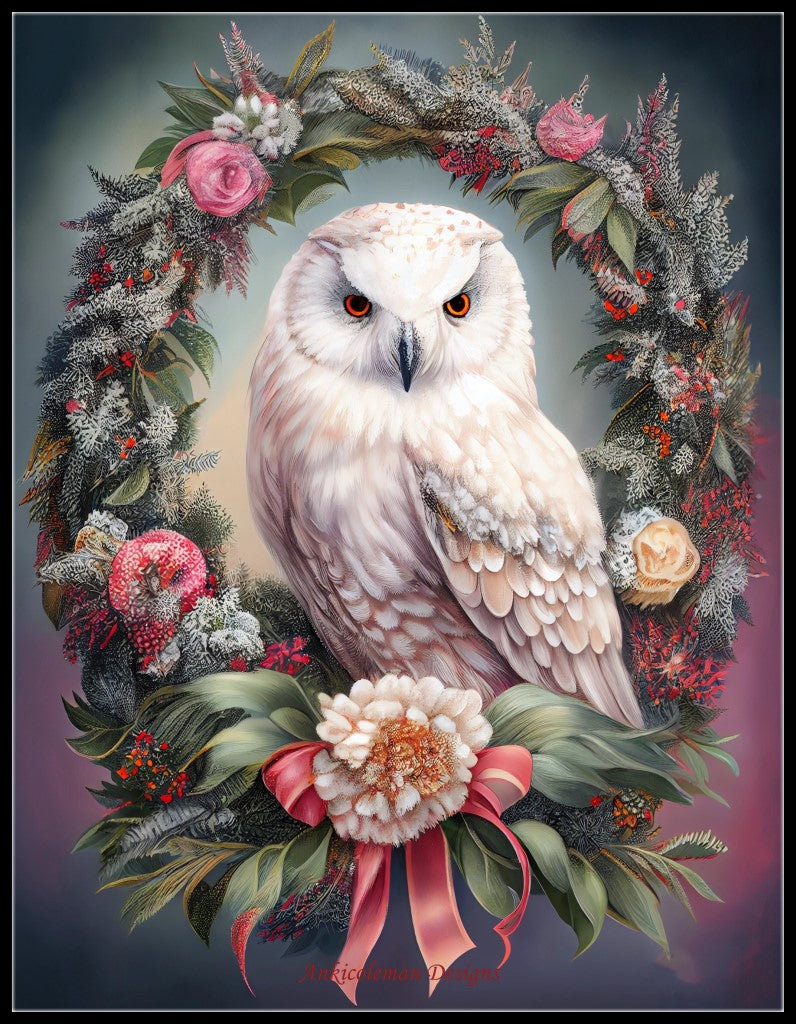 Wreath Owl 2 - Counted Cross Stitch Patterns Embroidery Crafts Needlework DIY Chart DMC Color