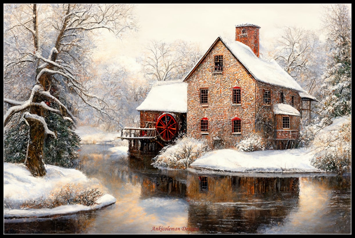 Winter Old Mill - Counted Cross Stitch Patterns Embroidery Crafts Needlework DIY Chart DMC Color