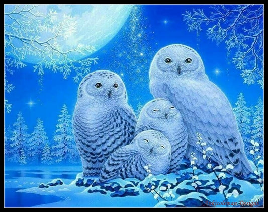 Snow Owls Family - Counted Cross Stitch Patterns Embroidery Crafts Needlework DIY Chart DMC Color