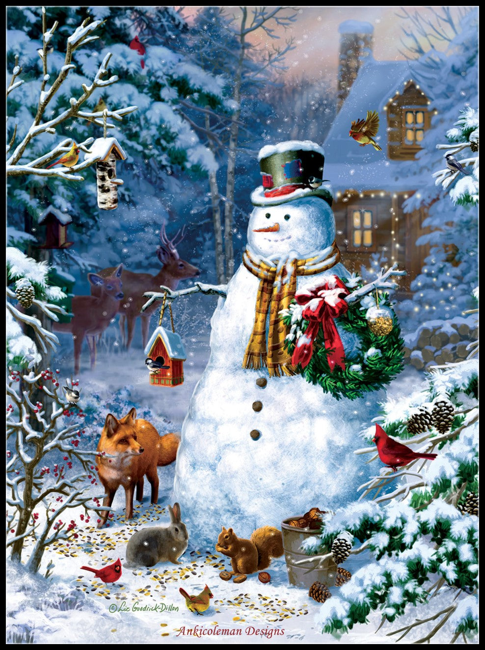 Winter Cabin Snowman - Counted Cross Stitch Patterns Embroidery Crafts Needlework DIY Chart DMC Color