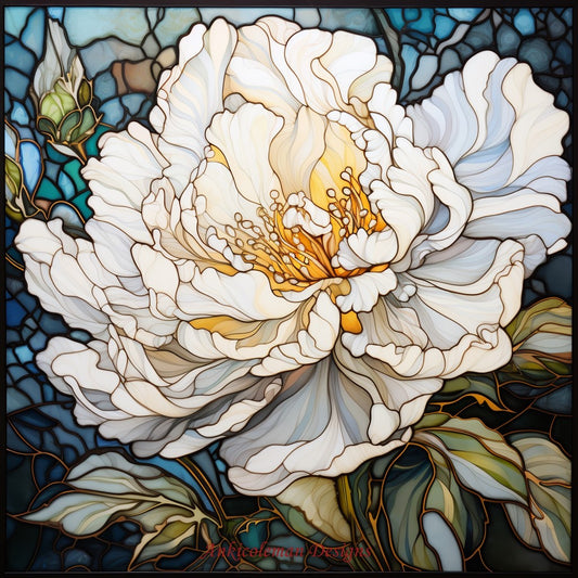 Stained Glass Original White Peony - Counted Cross Stitch Patterns Embroidery Crafts Needlework DIY Chart DMC Color