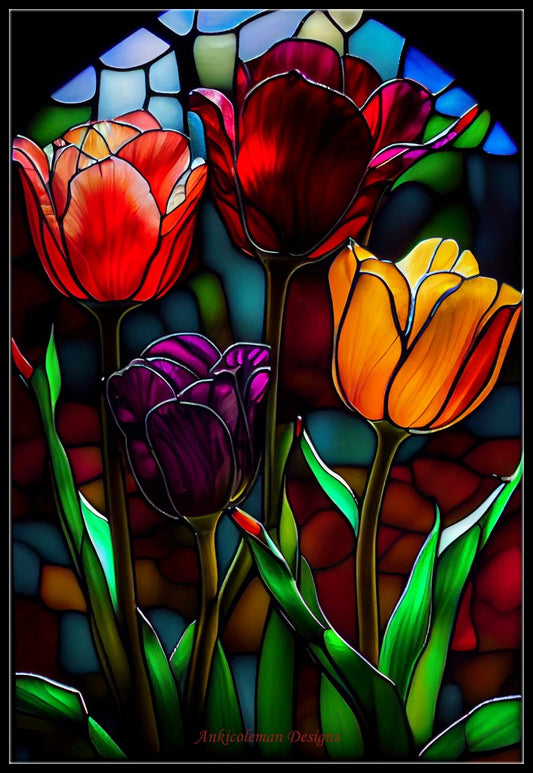 Tulips Stained Glass - Counted Cross Stitch Patterns Embroidery Crafts Needlework DIY Chart DMC Color