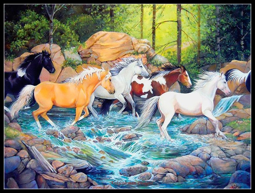 Horse in Midstream - Counted Cross Stitch Patterns Embroidery Crafts Needlework DIY Chart DMC Color