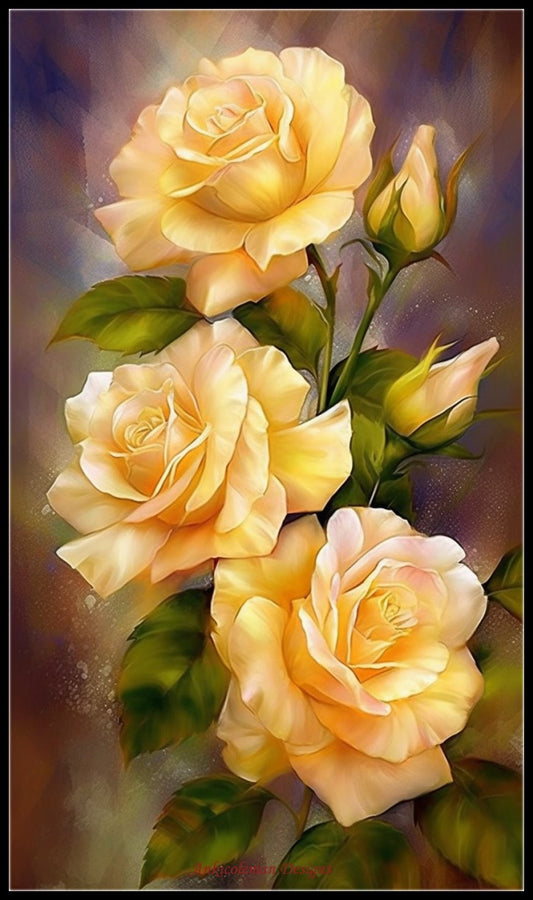 Delicate Yellow Roses 1 - Counted Cross Stitch Patterns Embroidery Crafts Needlework DIY Chart DMC Color