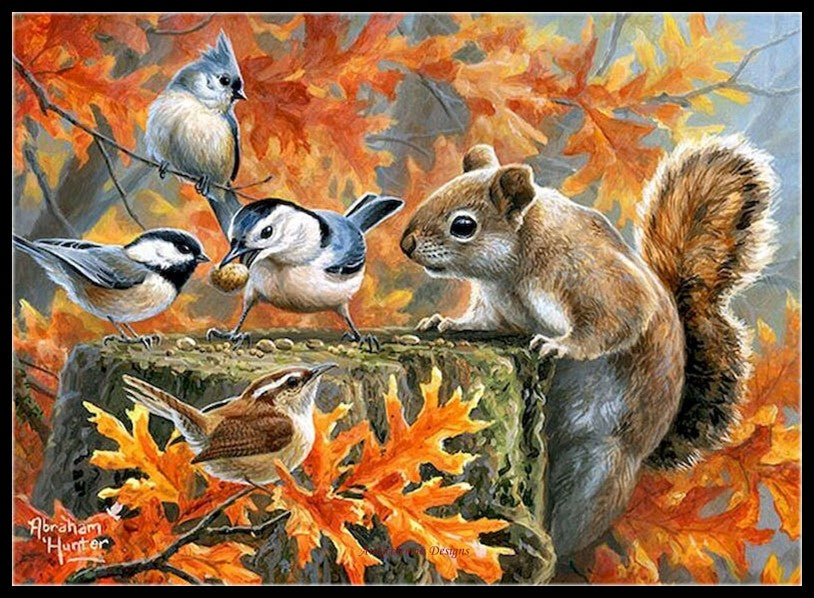 Squirrel with Birds - Counted Cross Stitch Patterns Embroidery Crafts Needlework DIY Chart DMC Color