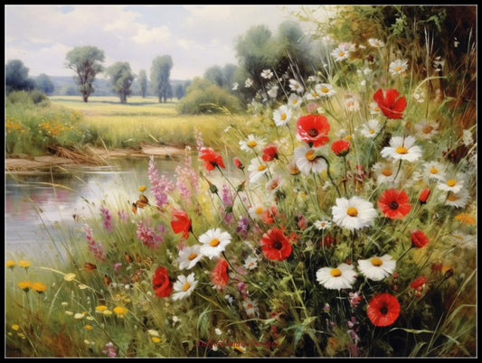 Poppies, Daisies and Thistles on a River Bank - Counted Cross Stitch Patterns Embroidery Crafts Needlework DIY Chart DMC Color