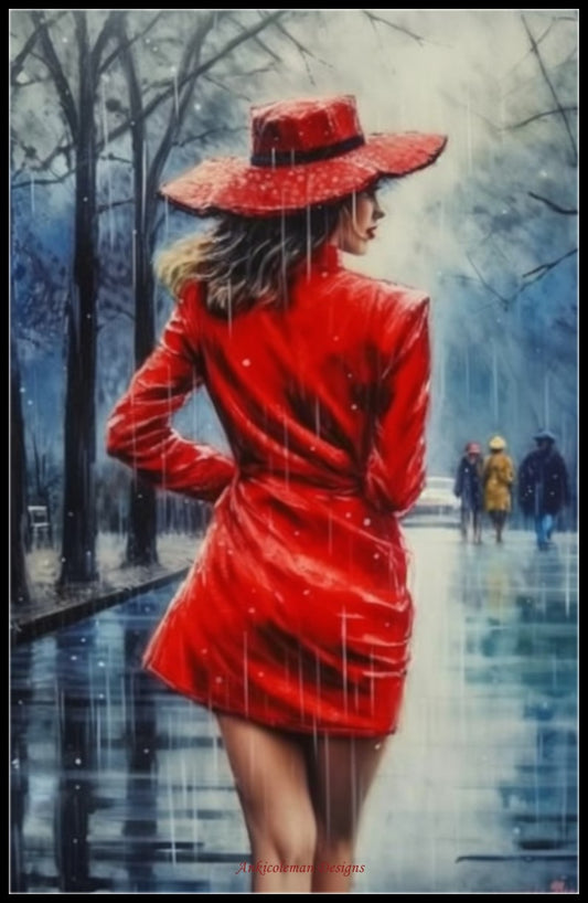 Red Lady in a Rainy Day - Counted Cross Stitch Patterns Embroidery Crafts Needlework DIY Chart DMC Color