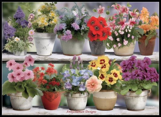 Flowering Pots - Counted Cross Stitch Patterns Embroidery Crafts Needlework DIY Chart DMC Color