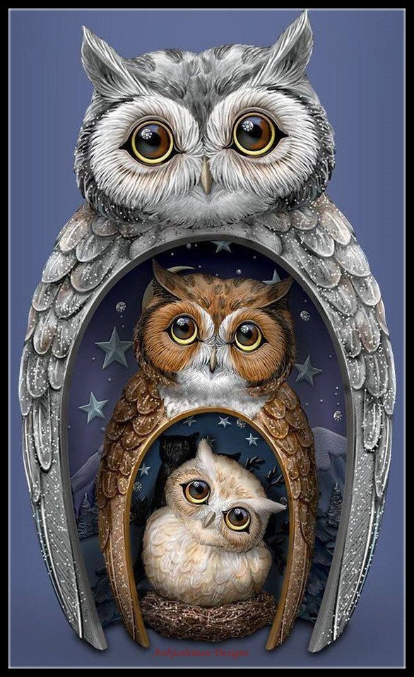 Family of Three Owls - Counted Cross Stitch Patterns Embroidery Crafts Needlework DIY Chart DMC Color