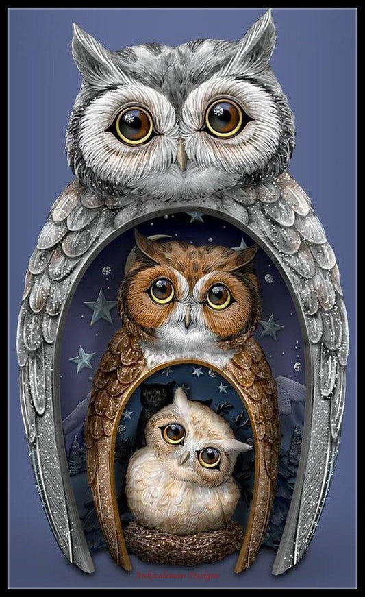 Family of Three Owls - Counted Cross Stitch Patterns Embroidery Crafts Needlework DIY Chart DMC Color