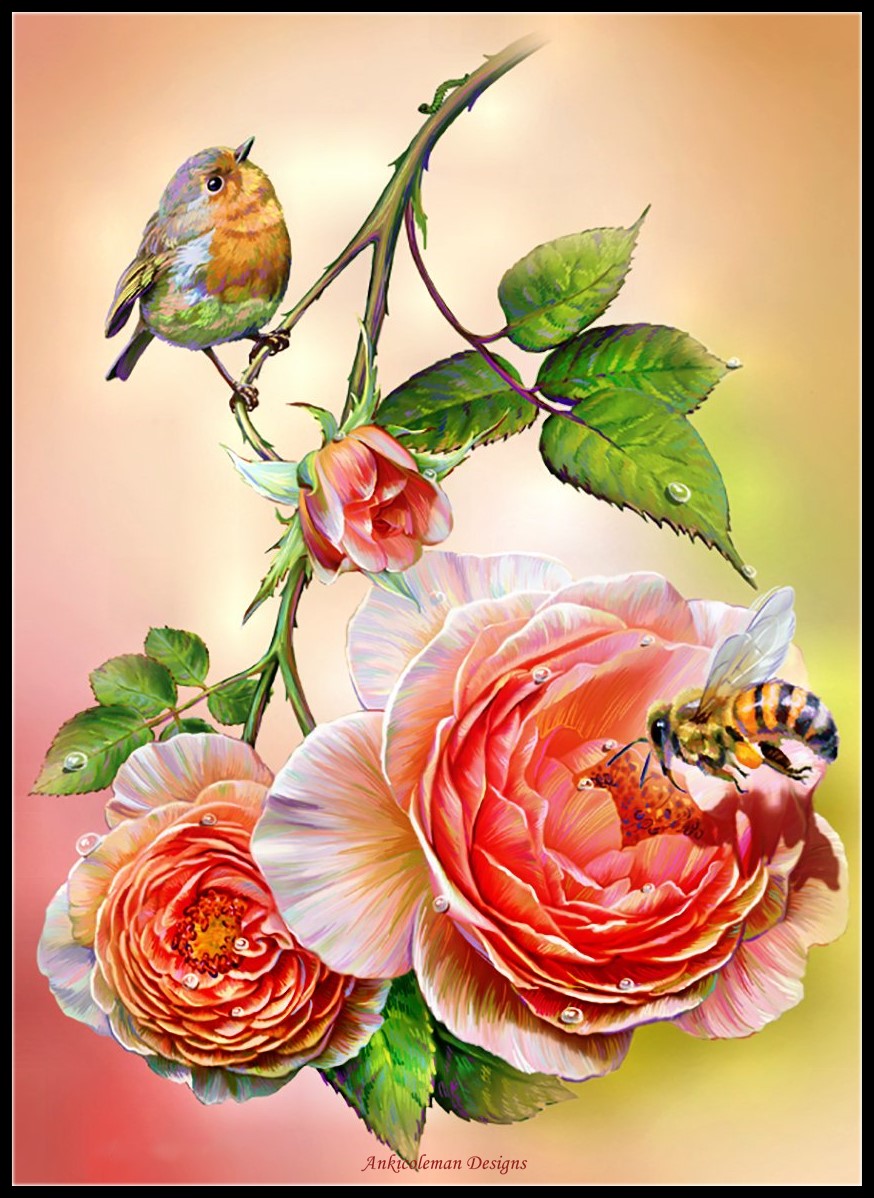 Bird, Bee and Roses - Counted Cross Stitch Patterns Embroidery Crafts Needlework DIY Chart DMC Color