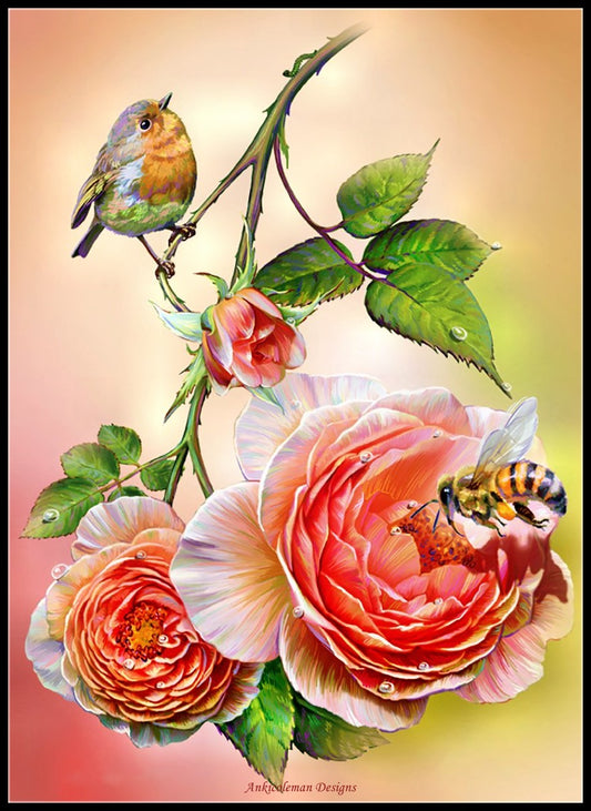 Bird, Bee and Roses - Counted Cross Stitch Patterns Embroidery Crafts Needlework DIY Chart DMC Color