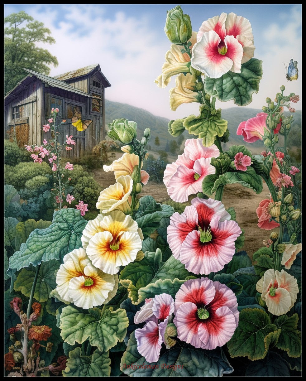 Hollyhocks Flower - Counted Cross Stitch Patterns Embroidery Crafts Needlework DIY Chart DMC Color