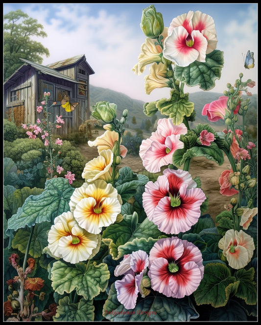 Hollyhocks Flower - Counted Cross Stitch Patterns Embroidery Crafts Needlework DIY Chart DMC Color