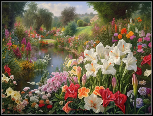 Oriental Lilies by a Pond - Counted Cross Stitch Patterns Embroidery Crafts Needlework DIY Chart DMC Color