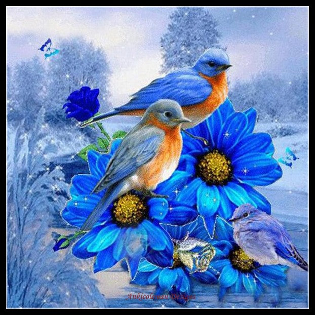 Blue Birds Blue Flowers - Counted Cross Stitch Patterns Embroidery Crafts Needlework DIY Chart DMC Color