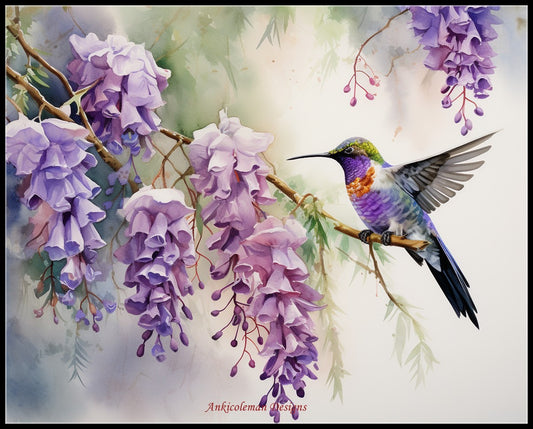 Hummingbird and Wisteria Flowers - Counted Cross Stitch Patterns Embroidery Crafts Needlework DIY Chart DMC Color