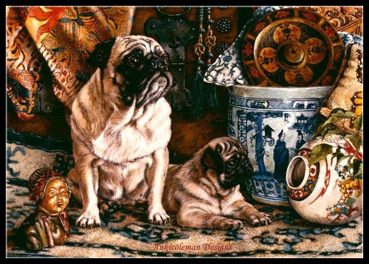 Pug with Puppy - Counted Cross Stitch Patterns Embroidery Crafts Needlework DIY Chart DMC Color