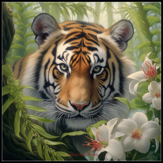 Tiger in Orchids 1 - Counted Cross Stitch Patterns Embroidery Crafts Needlework DIY Chart DMC Color