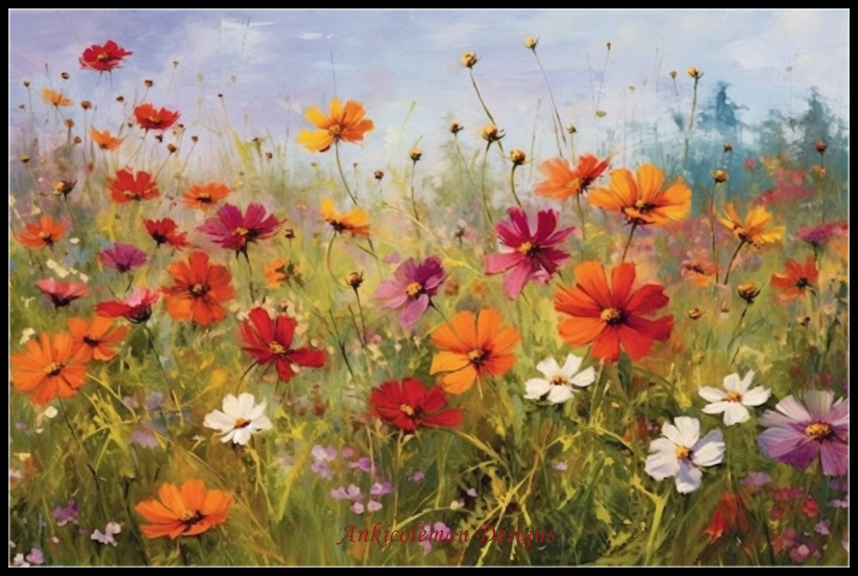 Cosmos Flowers in the Field - Counted Cross Stitch Patterns Embroidery Crafts Needlework DIY Chart DMC Color