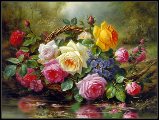 Roses by a Pond - Counted Cross Stitch Patterns Embroidery Crafts Needlework DIY Chart DMC Color