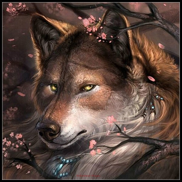 Wolf and Peach Flower Blossom - Counted Cross Stitch Patterns Embroidery Crafts Needlework DIY Chart DMC Color