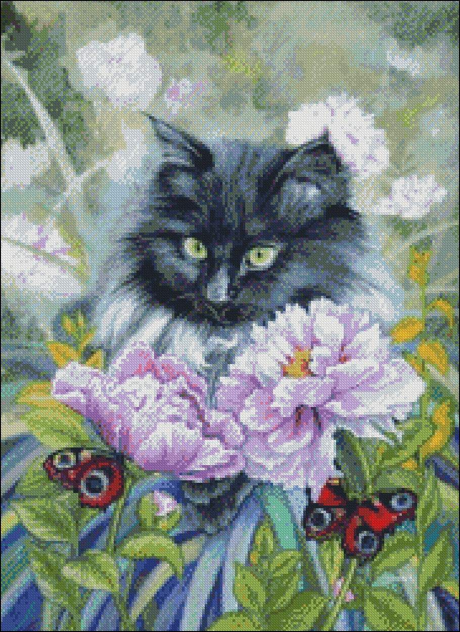 Cat and Butterflies 2 - Counted Cross Stitch Patterns Embroidery Crafts Needlework DIY Chart DMC Color