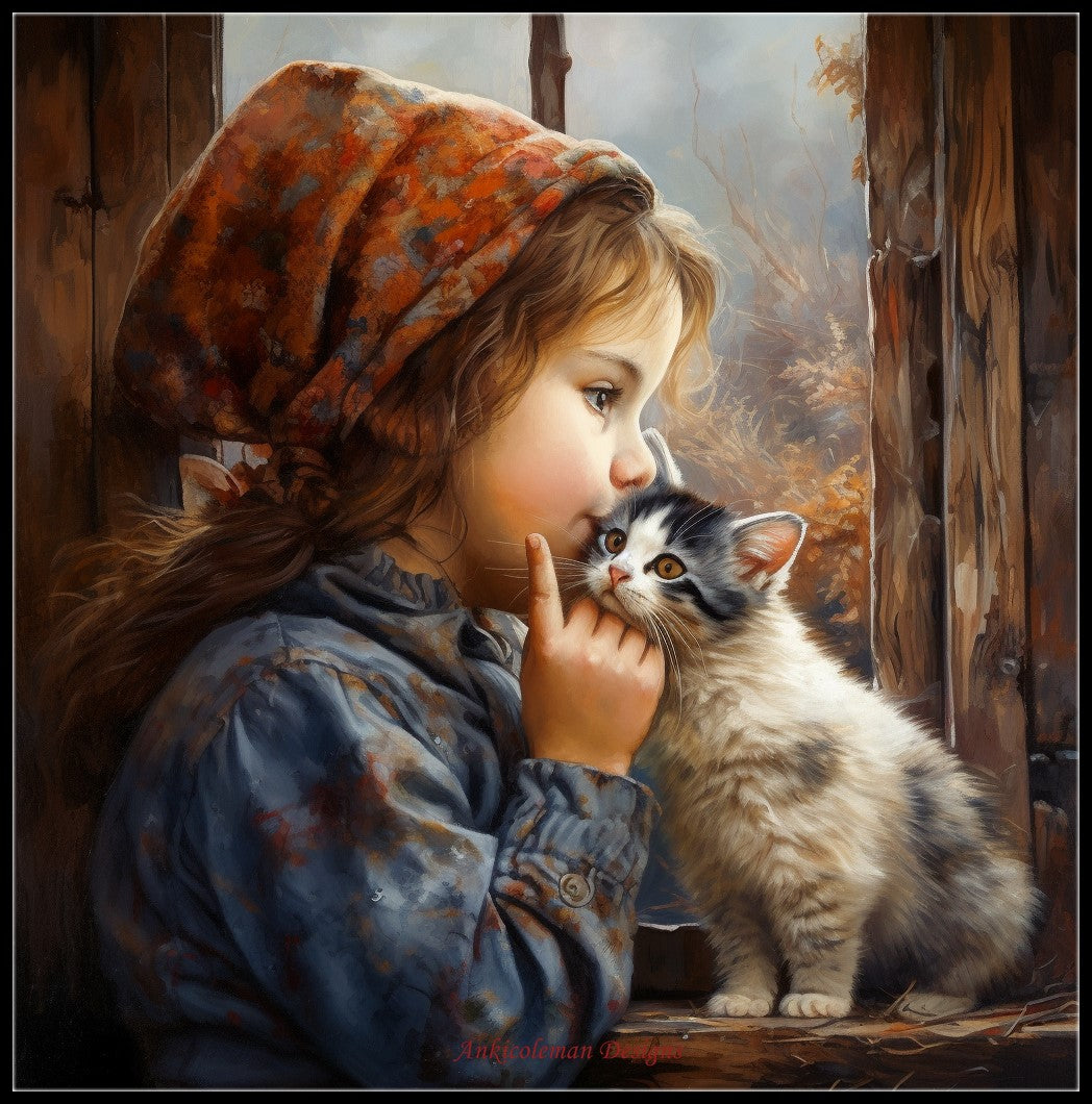 Little Girl Kissing a Kitten 2 - Counted Cross Stitch Patterns Embroidery Crafts Needlework DIY Chart DMC Color