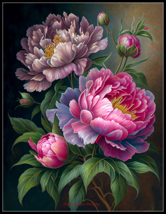 Blooming Peonies 3 - Counted Cross Stitch Patterns Embroidery Crafts Needlework DIY Chart DMC Color