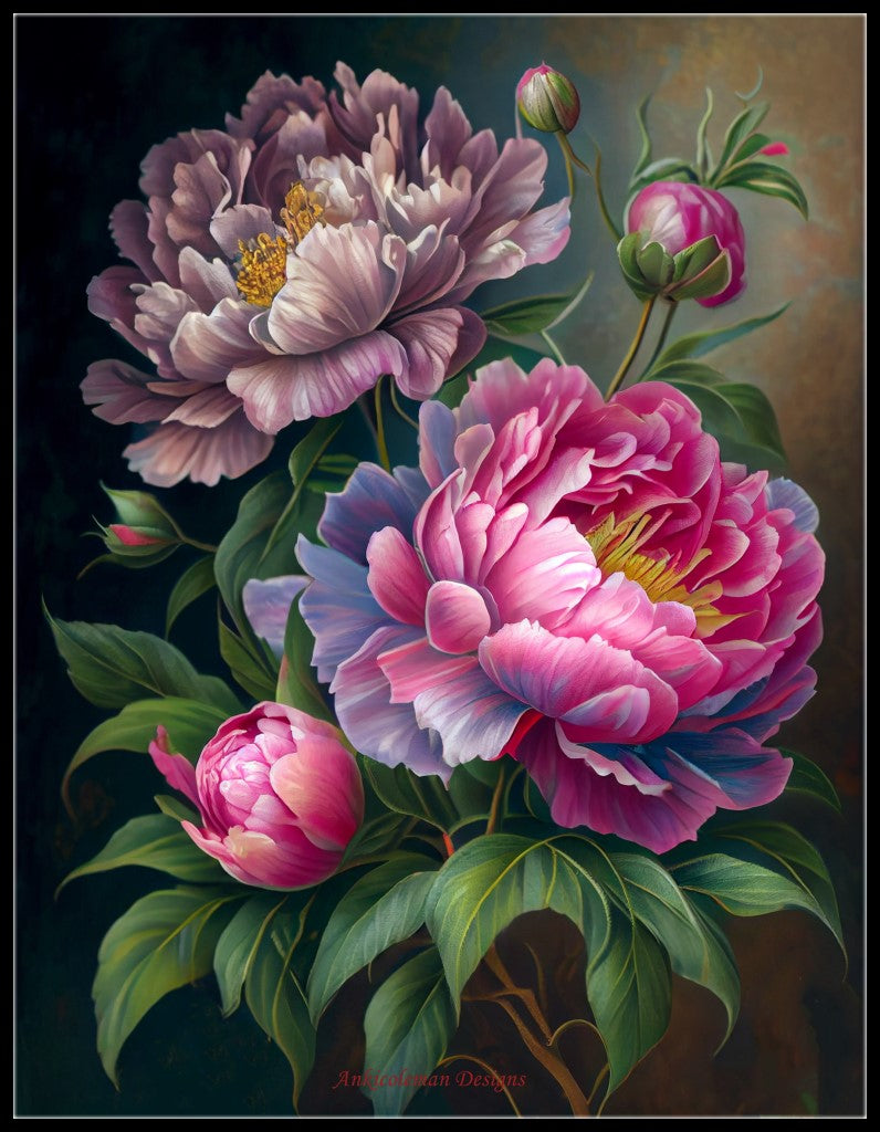 Blooming Peonies 3 - Counted Cross Stitch Patterns Embroidery Crafts Needlework DIY Chart DMC Color