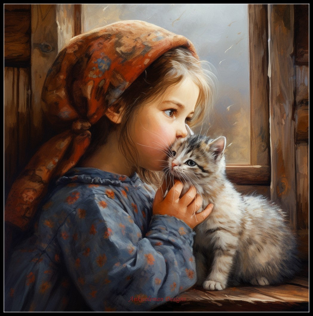 Little Girl Kissing a Kitten 3 - Counted Cross Stitch Patterns Embroidery Crafts Needlework DIY Chart DMC Color