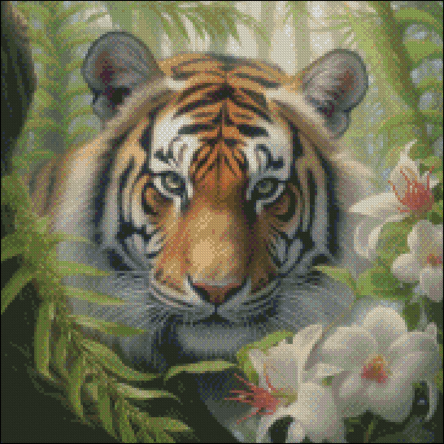 Tiger in Orchids 1 - Counted Cross Stitch Patterns Embroidery Crafts Needlework DIY Chart DMC Color