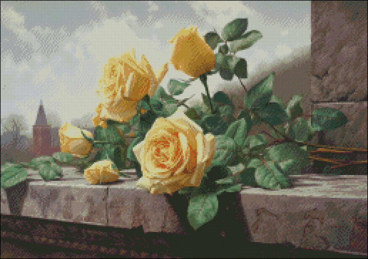 Yellow Roses on a Ledge - Counted Cross Stitch Patterns Embroidery Crafts Needlework DIY Chart DMC Color