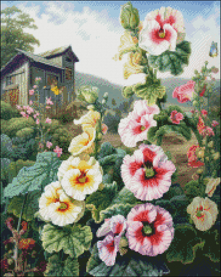 Hollyhocks Flower - Counted Cross Stitch Patterns Embroidery Crafts Needlework DIY Chart DMC Color